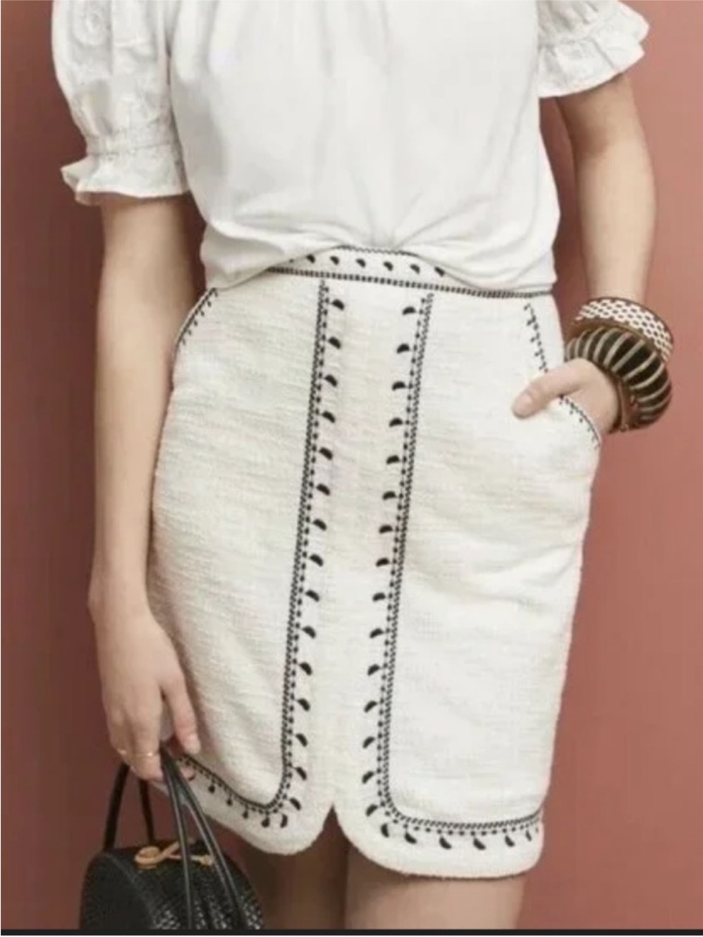 dolan White Tweed Mini Skirt with Black Embroidery